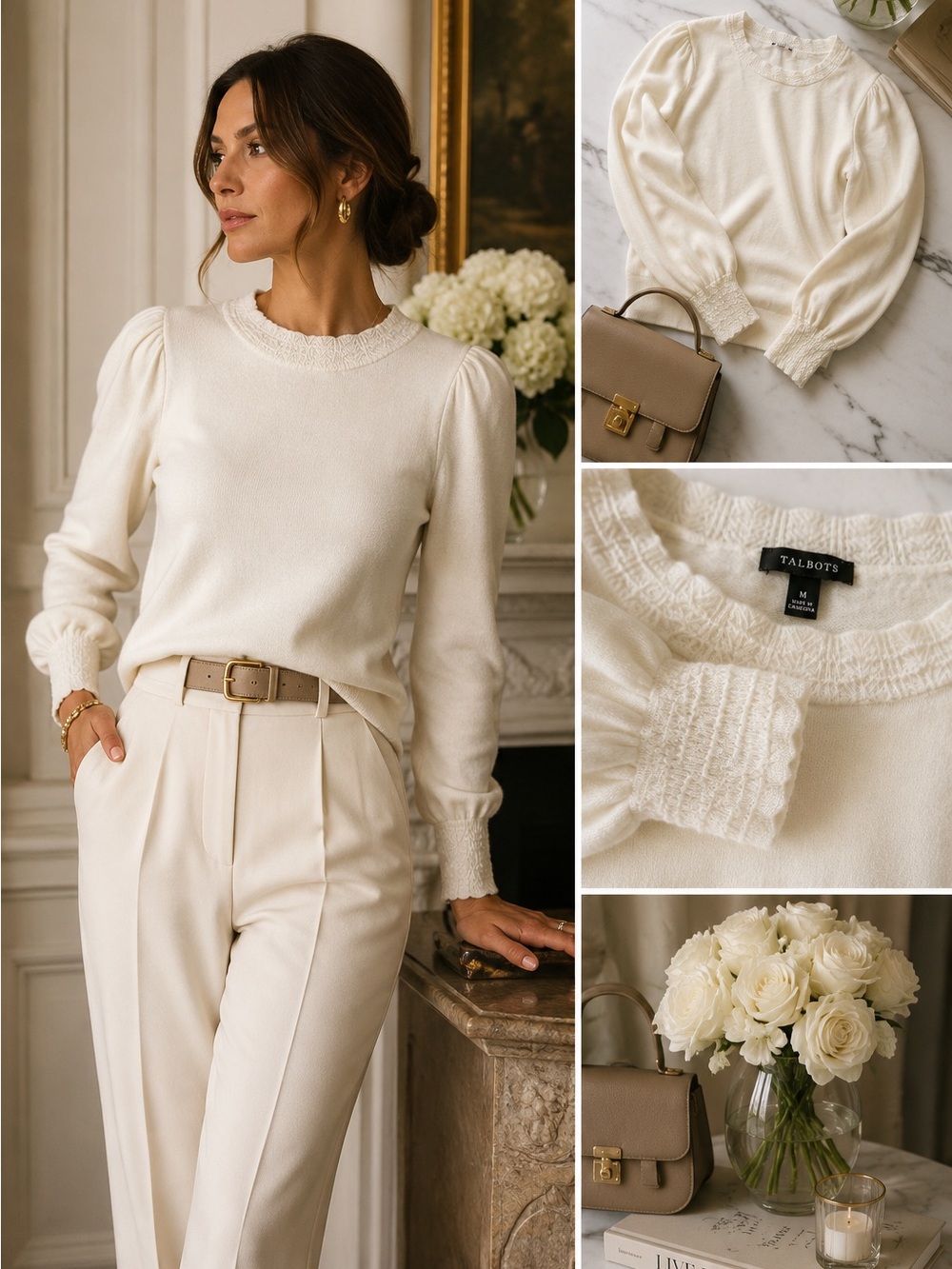 Talbots Ivory Wool Blend Puff Sleeve Smocked Sweater Top M